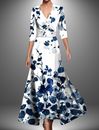 White and blue floral long dress with V-neck wrap, 3/4 sleeves, flared skirt