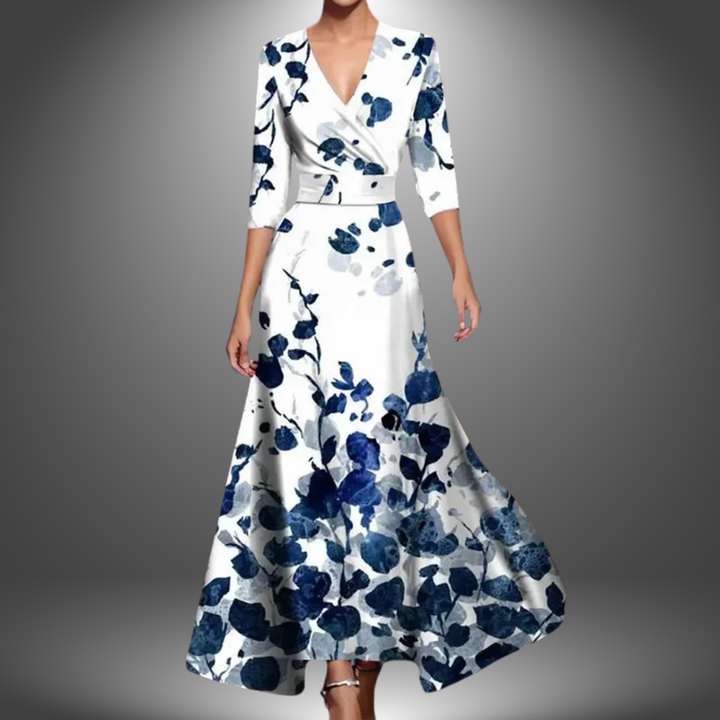 White and blue floral long dress with V-neck wrap, 3/4 sleeves, flared skirt