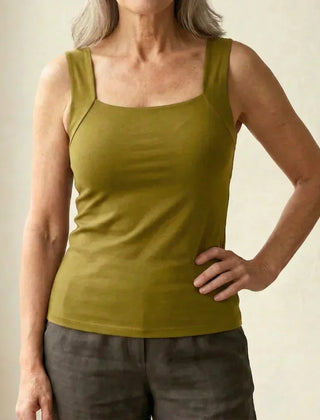 Roxy built-in comfort bra tank top in olive, square neck, thin straps