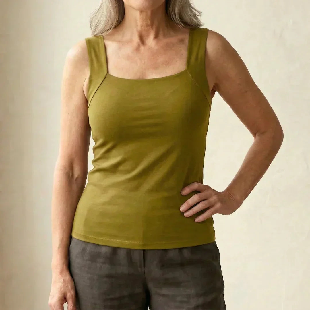 Roxy built-in comfort bra tank top in olive, square neck, thin straps