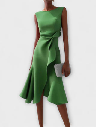 Green draped asymmetric midi dress, sleeveless with knotted side detail and flared hem