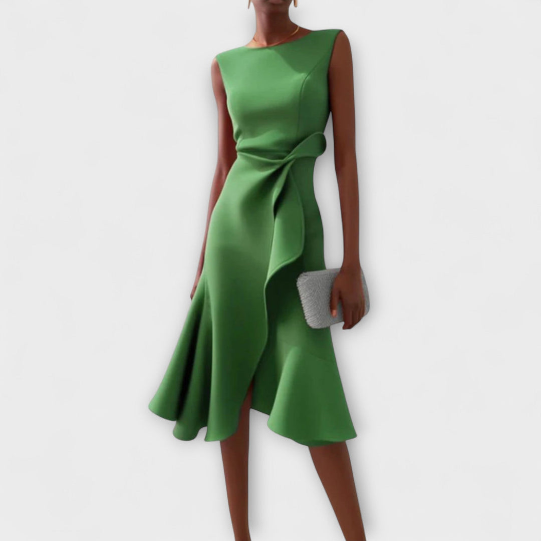 Green draped asymmetric midi dress, sleeveless with knotted side detail and flared hem