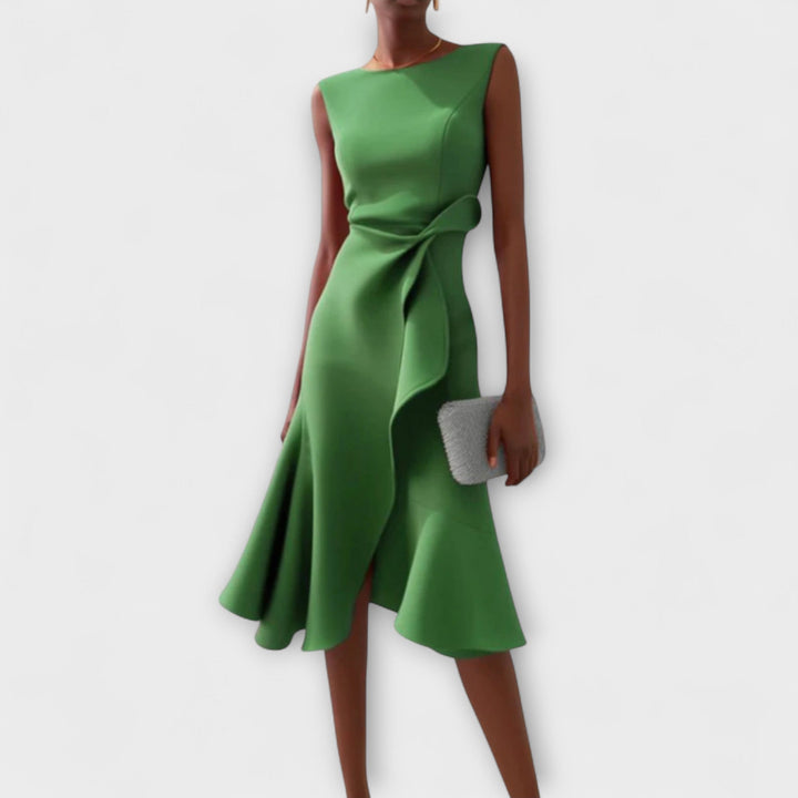 Green draped asymmetric midi dress, sleeveless with knotted side detail and flared hem