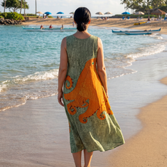 Back view sleeveless midi dress in olive green with orange octopus wave panel