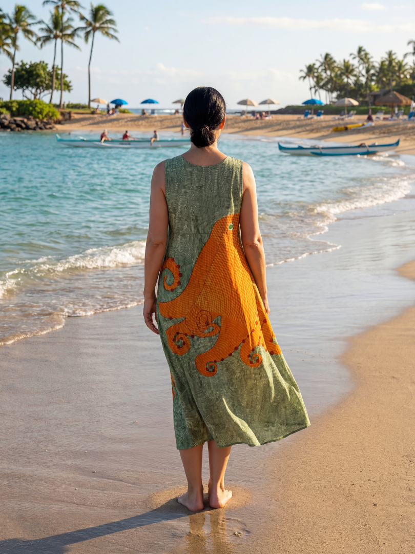 Back view sleeveless midi dress in olive green with orange octopus wave panel