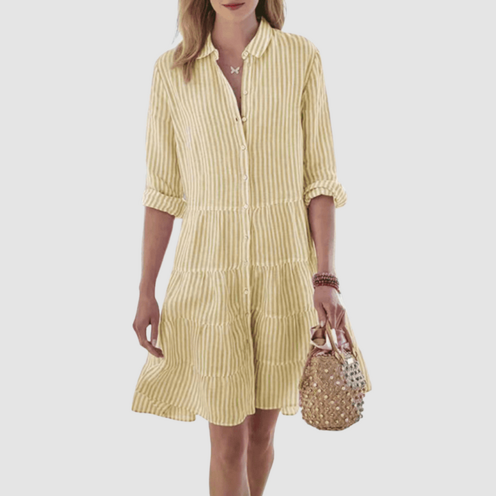 Light yellow striped tiered shirt dress with button-up placket and short ruffle sleeves