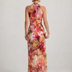 Floral halter neck maxi dress, open back, pink/red/yellow floral print