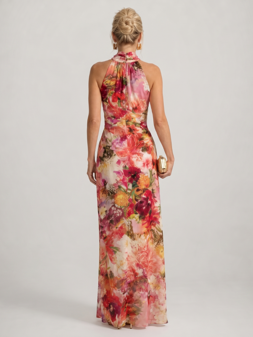 Floral halter neck maxi dress, open back, pink/red/yellow floral print