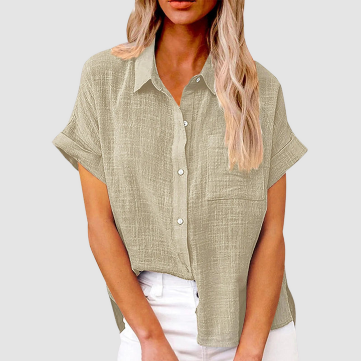 Short-sleeve button-up blouse in khaki with collar and chest pocket.