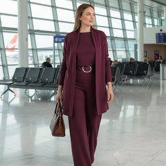 Women's burgundy three-piece suit set: long blazer, belt-waist top, matching trousers