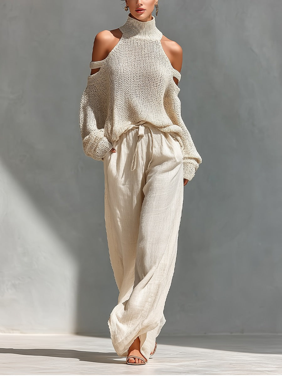 Beige cold-shoulder knit turtleneck top with matching drawstring trousers