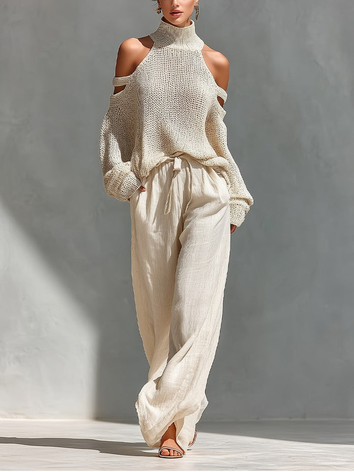 Beige off-shoulder knit top and loose tie-waist pants set