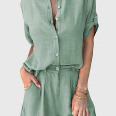 Women’s summer set in green: button-front shirt and matching shorts with drawstring