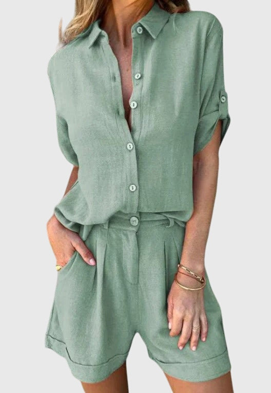 Women’s summer set in green: button-front shirt and matching shorts with drawstring