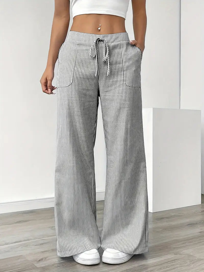 Relaxed wide-leg pinstripe pants with drawstring and elastic waist, gray/white