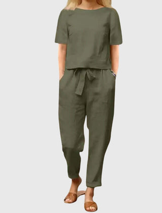 Olive green short-sleeve top and jogger pants co-ord set, gathered waist with tie detail