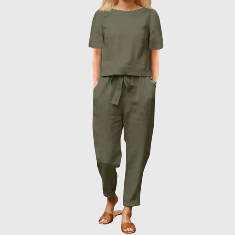 Olive green short-sleeve top and jogger pants co-ord set, gathered waist with tie detail