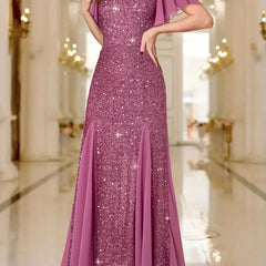Pink sequin satin dress, V-neck with short flutter sleeves and flared skirt, side slit
