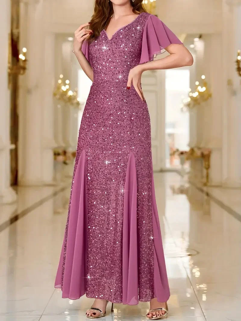 Pink sequin satin dress, V-neck with short flutter sleeves and flared skirt, side slit