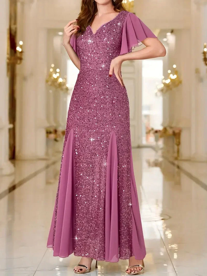 Pink sequin satin dress, V-neck with short flutter sleeves and flared skirt, side slit