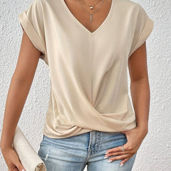 Women's beige V-neck T-shirt with short sleeves and front twist drape.