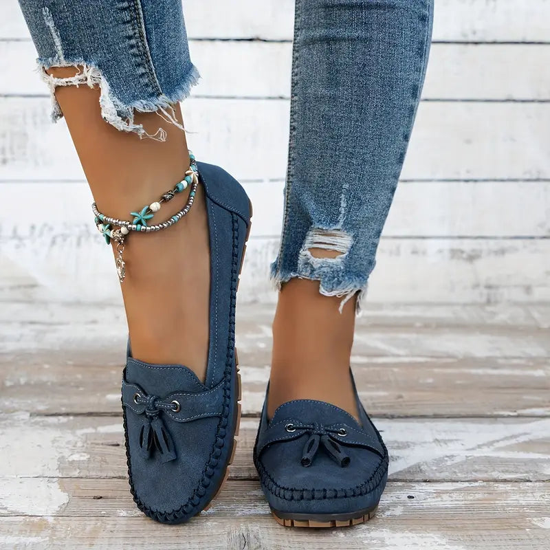 Lee orthopedic vintage loafers, dark blue suede with bow-tie and stitched moc toe
