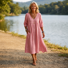 Pink lightweight maxi dress with ruched V-neck and 3/4 sleeves