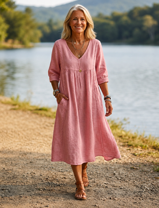 Pink lightweight maxi dress with ruched V-neck and 3/4 sleeves