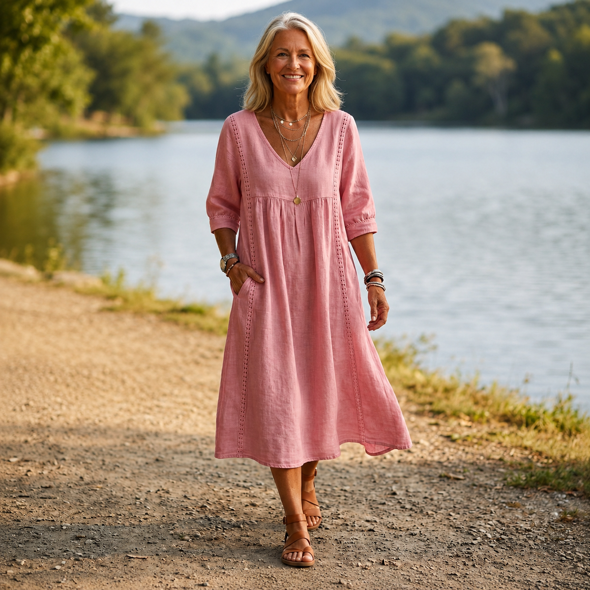 Pink lightweight maxi dress with ruched V-neck and 3/4 sleeves
