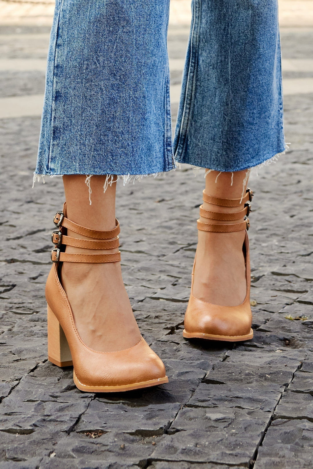 Kallie triple buckle ankle heels in tan brown with three stacked straps and block heel