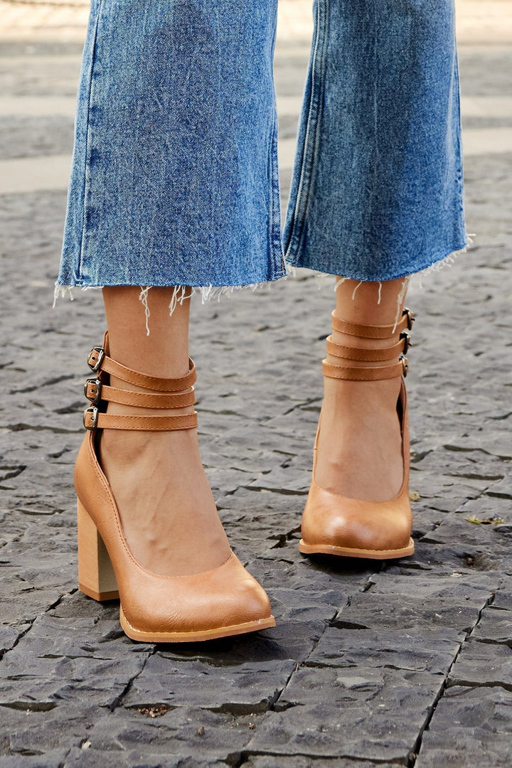 Kallie triple buckle ankle heels in tan brown with three stacked straps and block heel