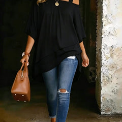 Black asymmetric blouse with wide square neckline and draped hi-lo hem