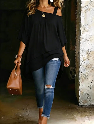 Black asymmetric blouse with wide square neckline and draped hi-lo hem