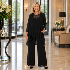 Women's black three-piece set: layered top and jacket with wide-leg pants