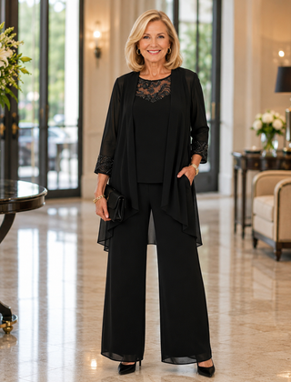 Women's black three-piece set: layered top and jacket with wide-leg pants