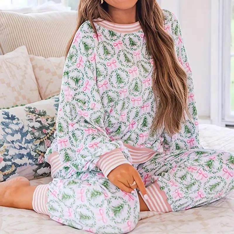 Floral pajama set with pink bow pattern, long sleeves and matching pants