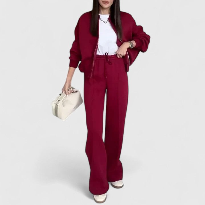 Zip-up sweater and drawstring pants set in deep red, relaxed fit with side pockets.