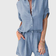 Women’s summer set in blue: button-front shirt and matching shorts with cuffed sleeves