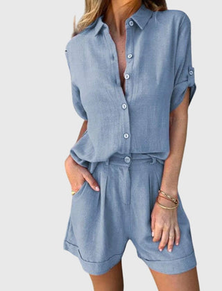 Women’s summer set in blue: button-front shirt and matching shorts with cuffed sleeves