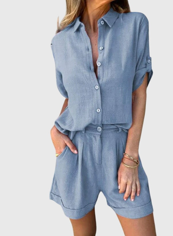 Women’s summer set in blue: button-front shirt and matching shorts with cuffed sleeves