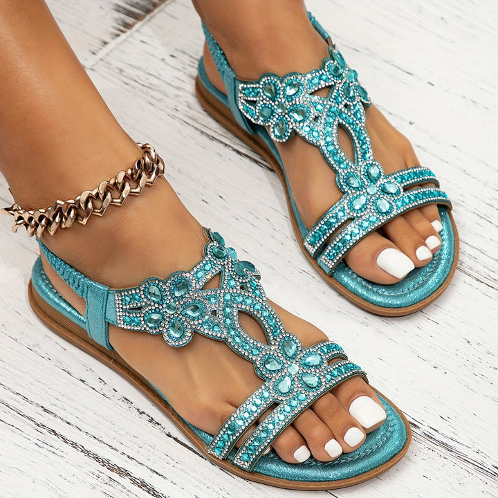 Turquoise boho sandals with sparkling floral T-strap and cushioned open toe