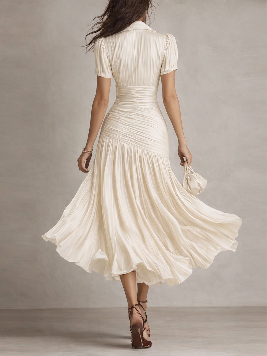 Milky white ruched midi dress, back view, short sleeves and tiered flared skirt