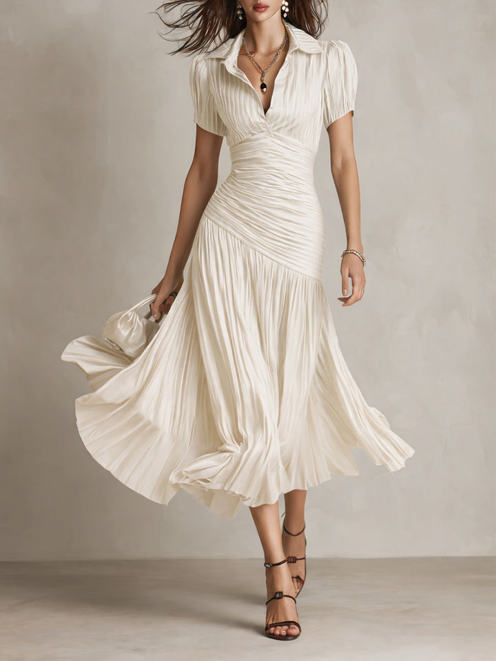 Milky white ruched midi dress with V-neck, short sleeves, and flared tiered skirt
