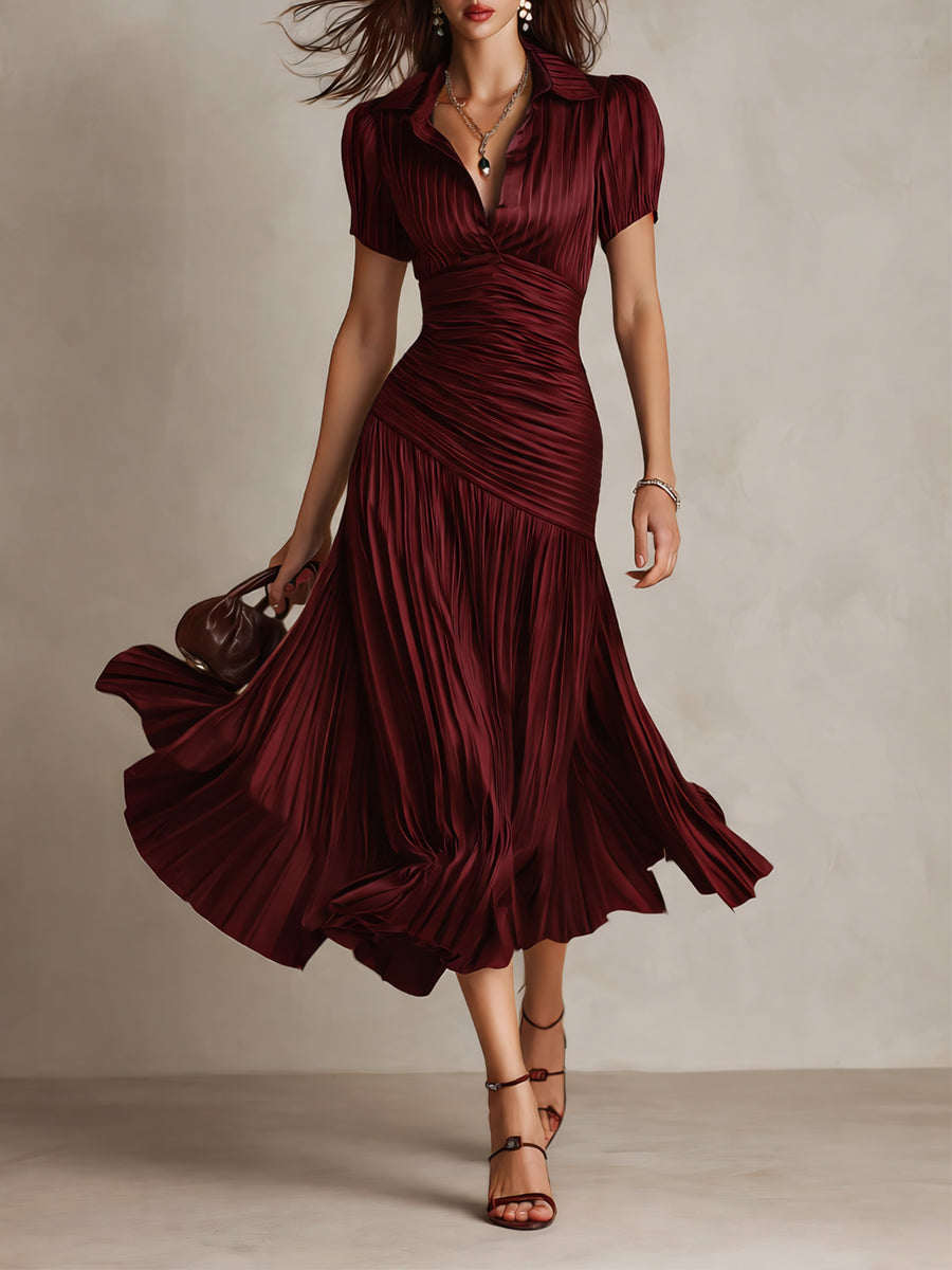 Wine red ruched midi dress with V-neck and short sleeves, pleated flared skirt