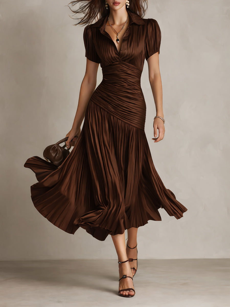 Dark brown ruched midi dress with V-neck and short sleeves, flared pleated skirt