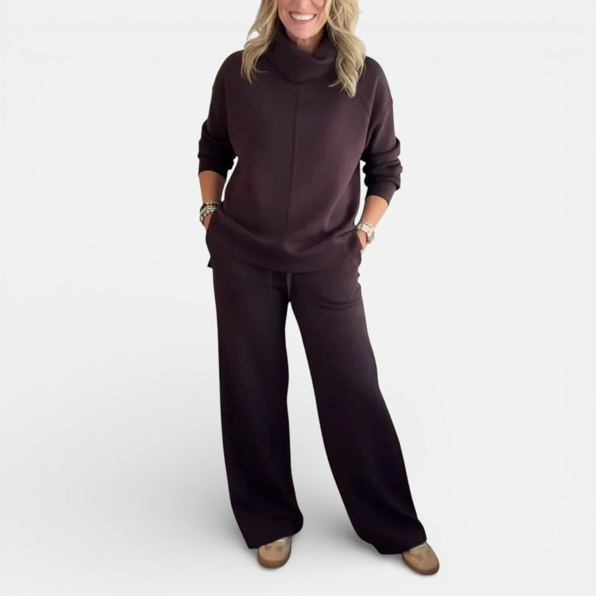 Burgundy two-piece lounge set with hooded pullover and wide-leg pants
