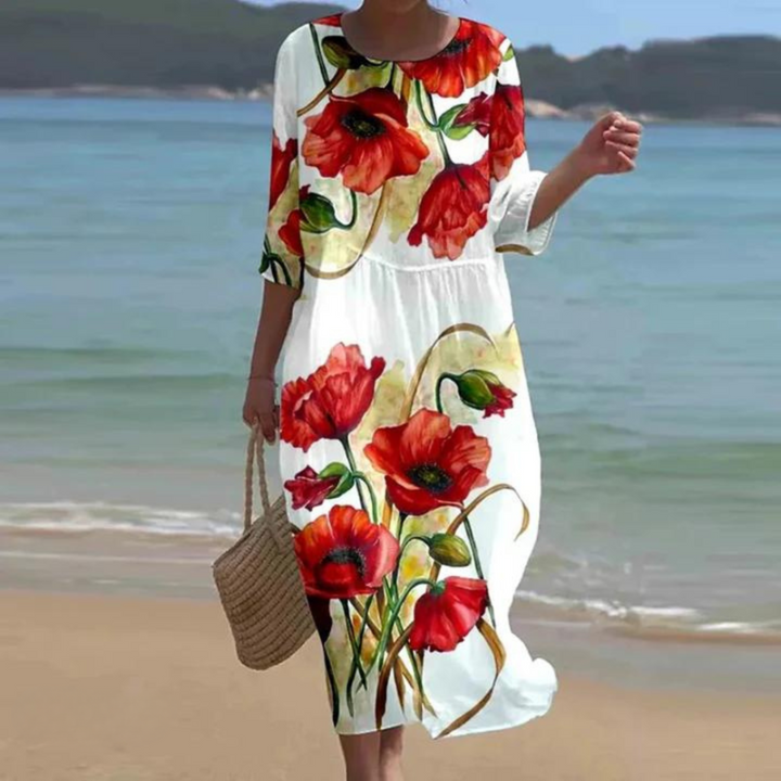Knee-length short-sleeve dress with round neck, white base with red floral print