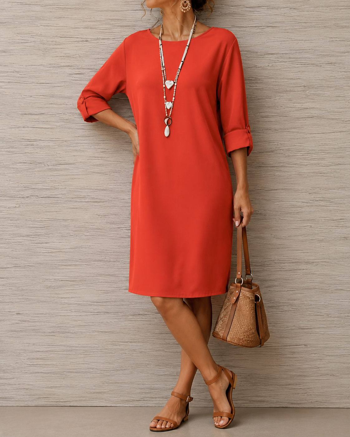 Red midi dress with round neckline and 3/4 sleeves, relaxed fit with side drape