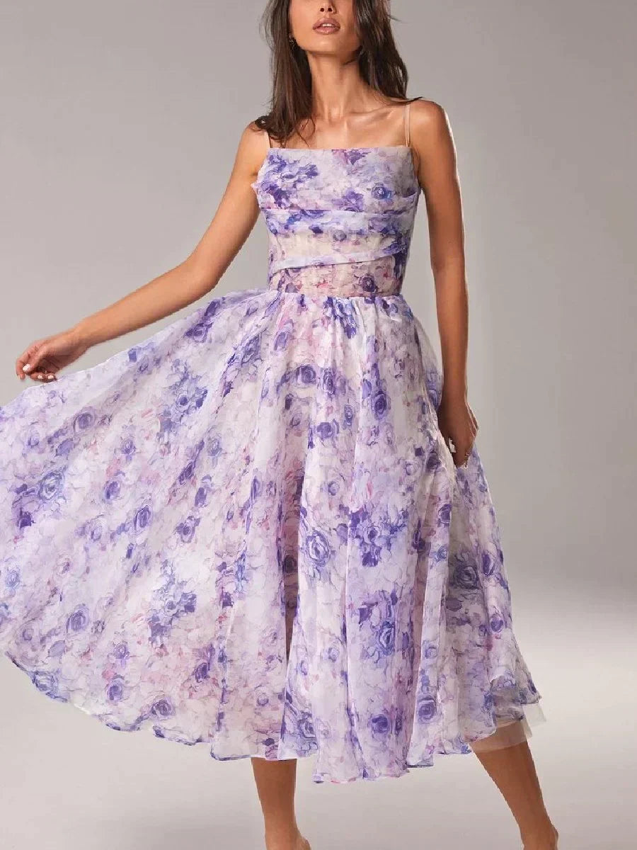Violet floral print strapless dress with fitted waist and A-line midi skirt
