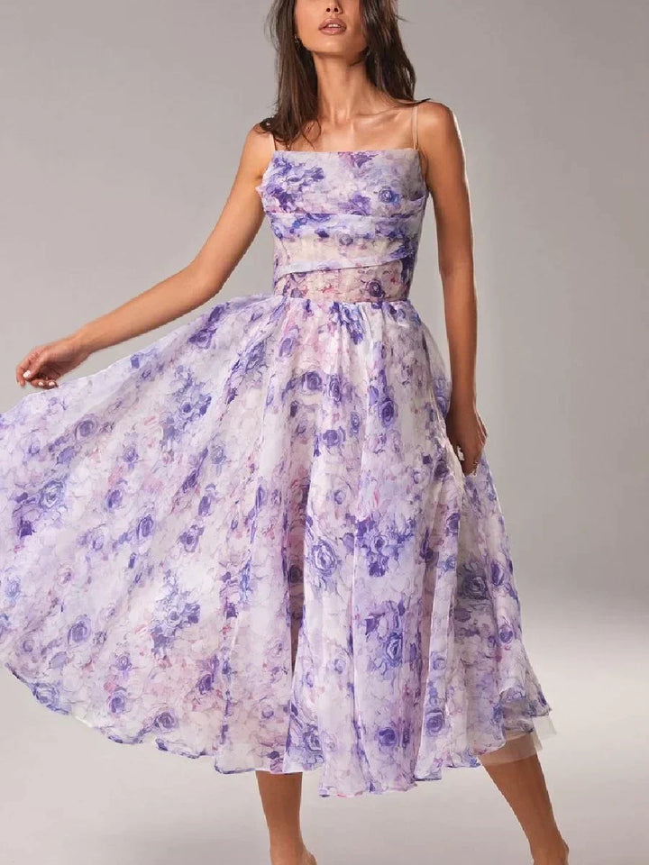 Violet floral print strapless dress with fitted waist and A-line midi skirt